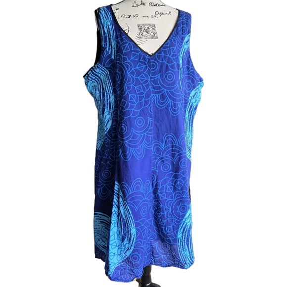 Aller Simplement Dress Women's Sz 3XL V-neck Blue Artsy Design Beach Vacation - Picture 1 of 8